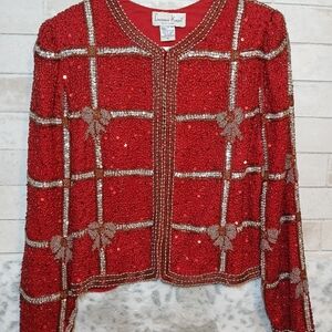 Laurence Kazar Vintage Silk Red Sequin Jacket with Bow Accents